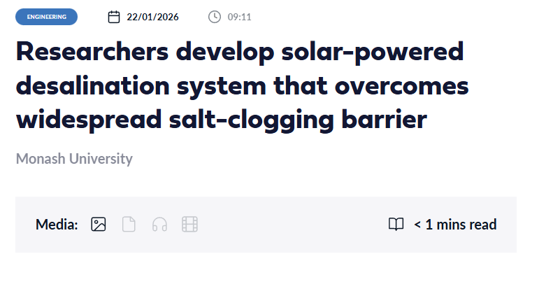 Researchers develop solar-powered desalination system that overcomes salt-clogging barrier